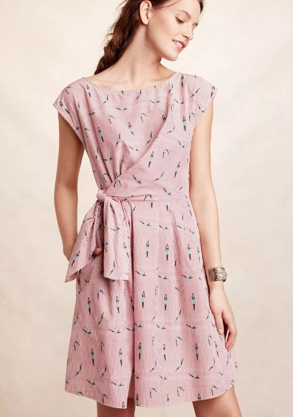 Maeve Anthropology Bathing Beauty Tie Waist Dress Red Stripe Pink Women's Size 6